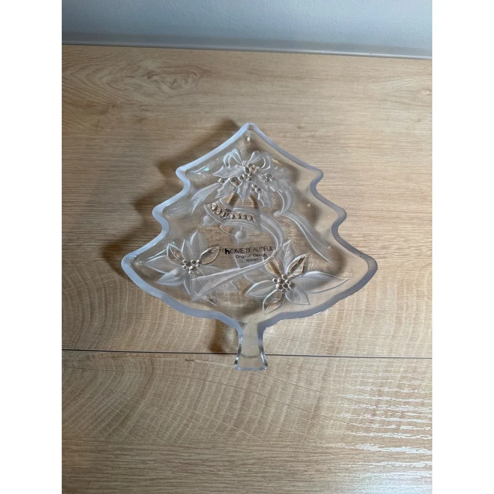 Home Beautiful Christmas Tree‎ Frosted Glass Candy Dish Japan Poinsettia Bells